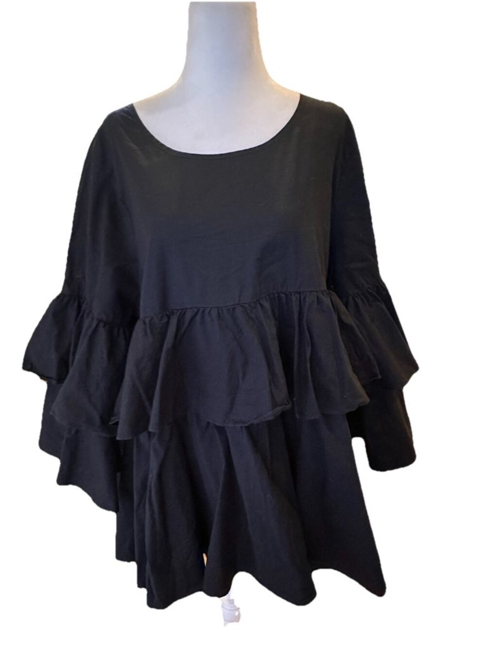 HALOGEN Nordstrom Cotton Black Ruffle Tiered Blouse 1X Long Sleeve